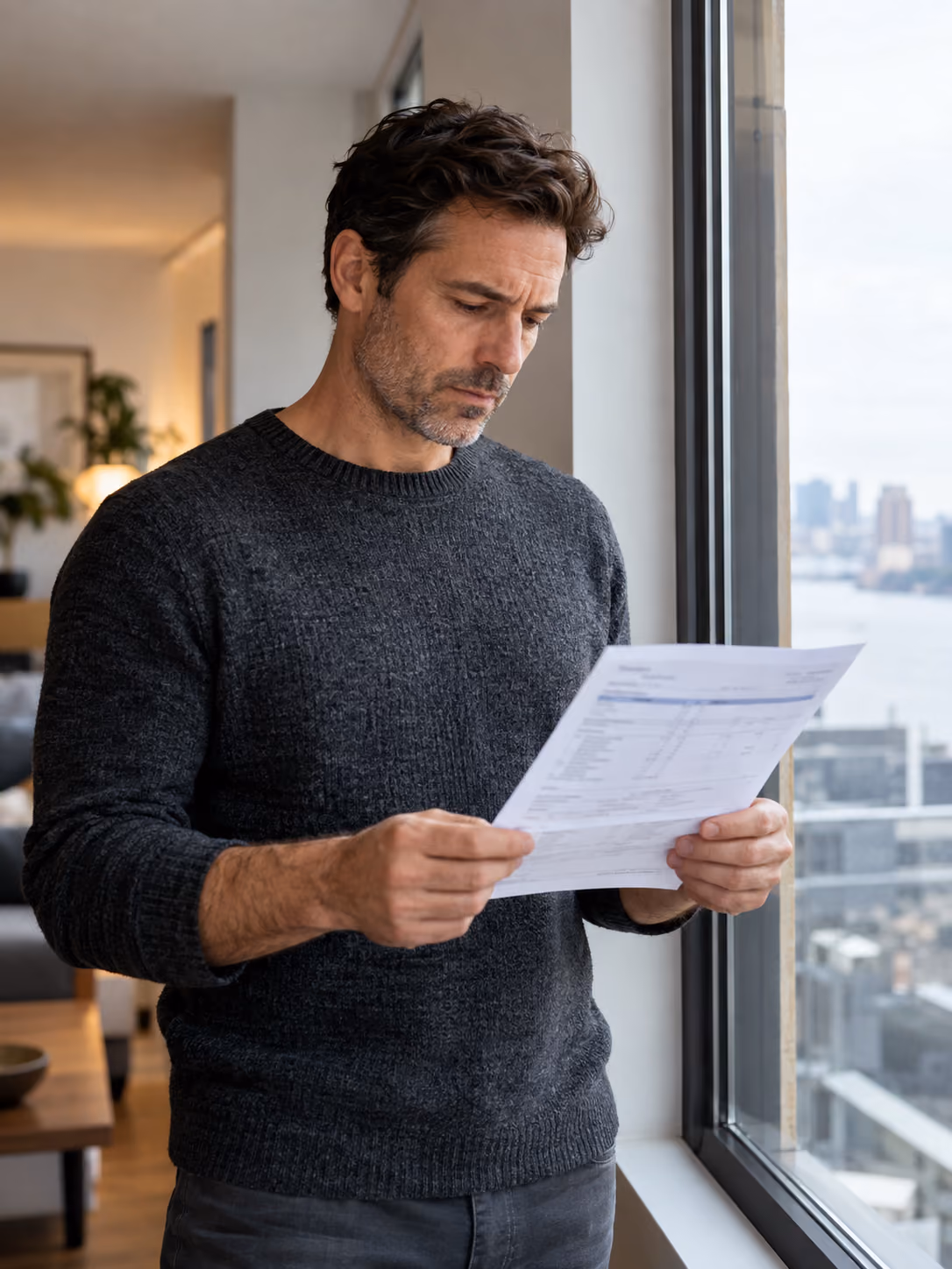 Man reviewing a printed hormone test report beside a window at home.
