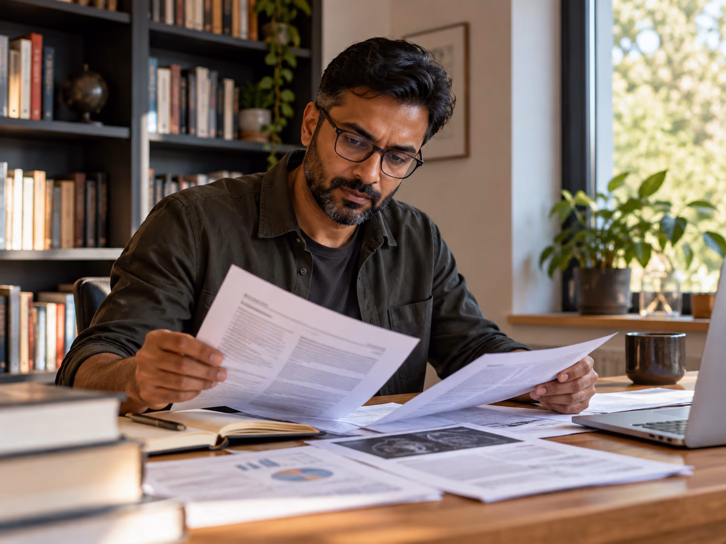 Man reviewing research papers and health data in a quiet home study.