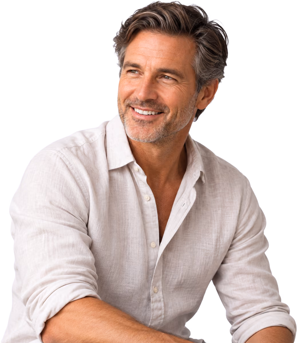Adult portrait on a pale violet background.