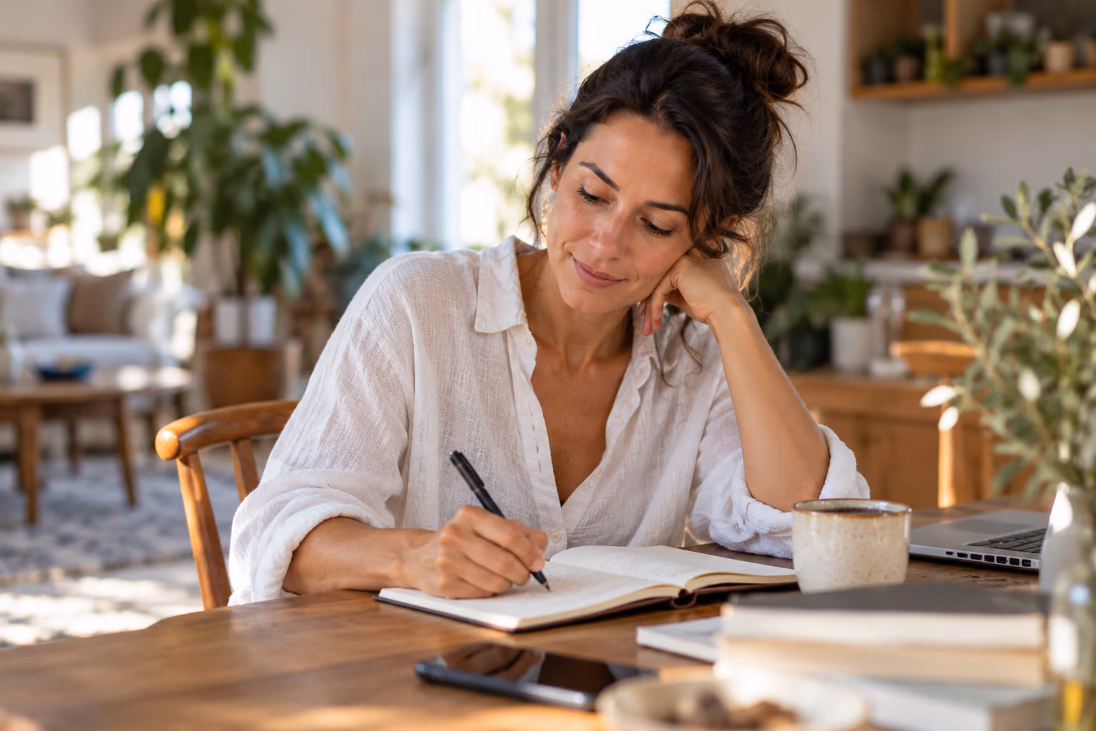 Woman writing in a notebook beside a laptop at home.