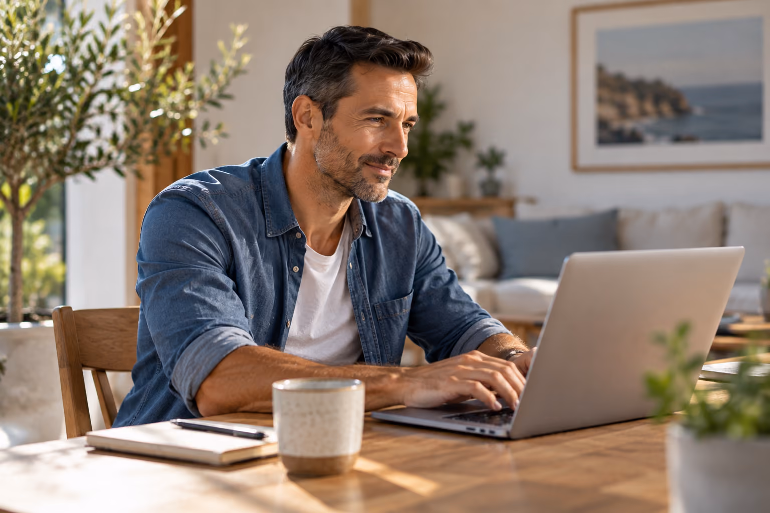 Man working on a laptop at a bright dining table.