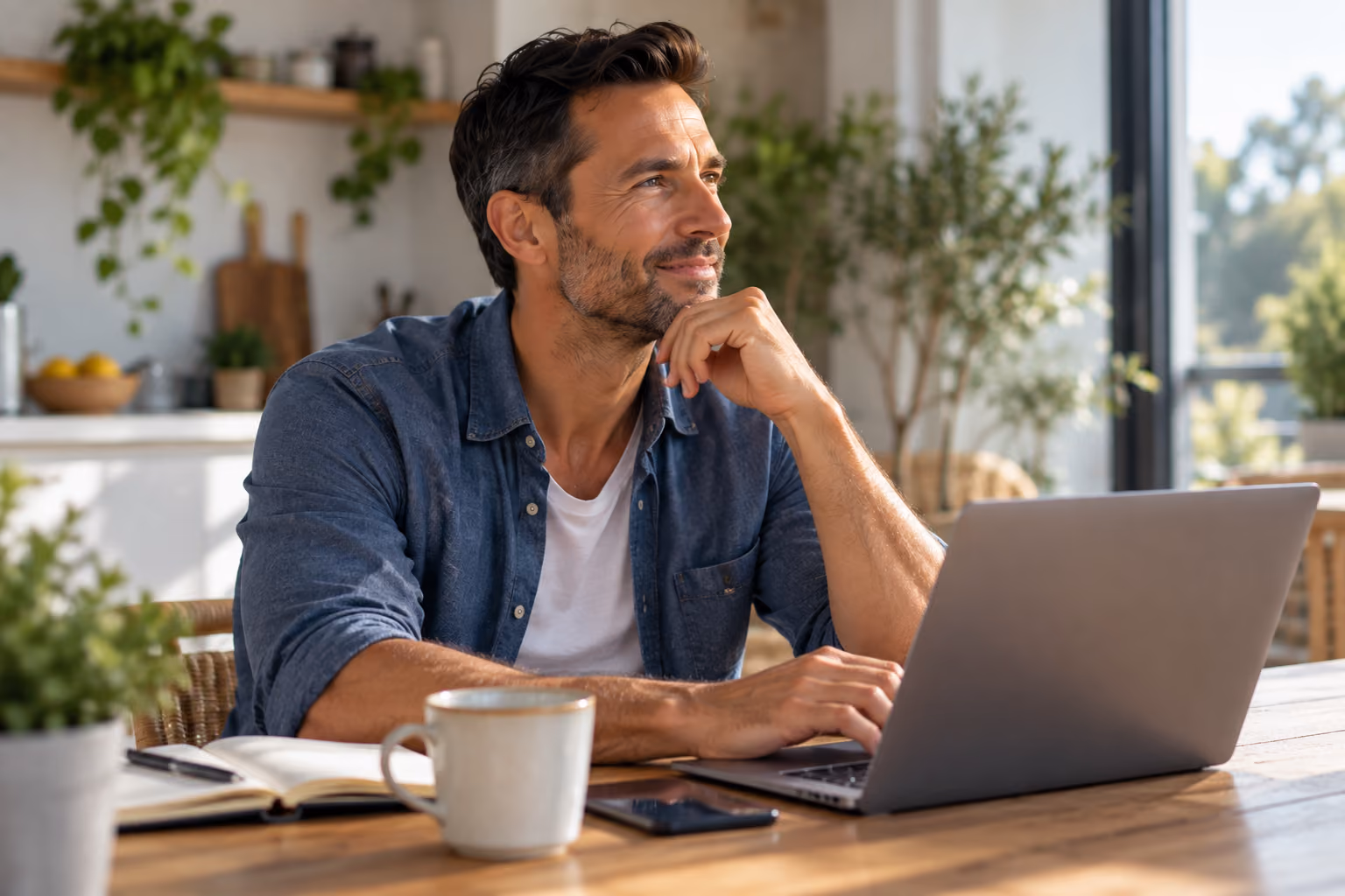 Man working on a laptop at a sunlit table.