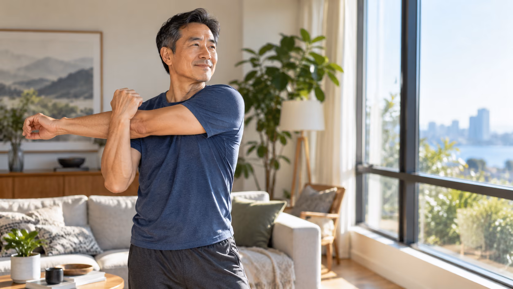 Middle-aged man stretching beside a large window at home.