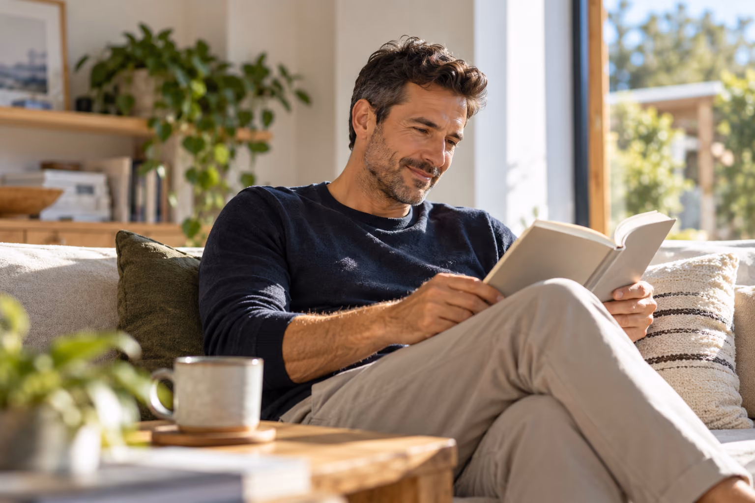 Man reading a book on a sunlit sofa.
