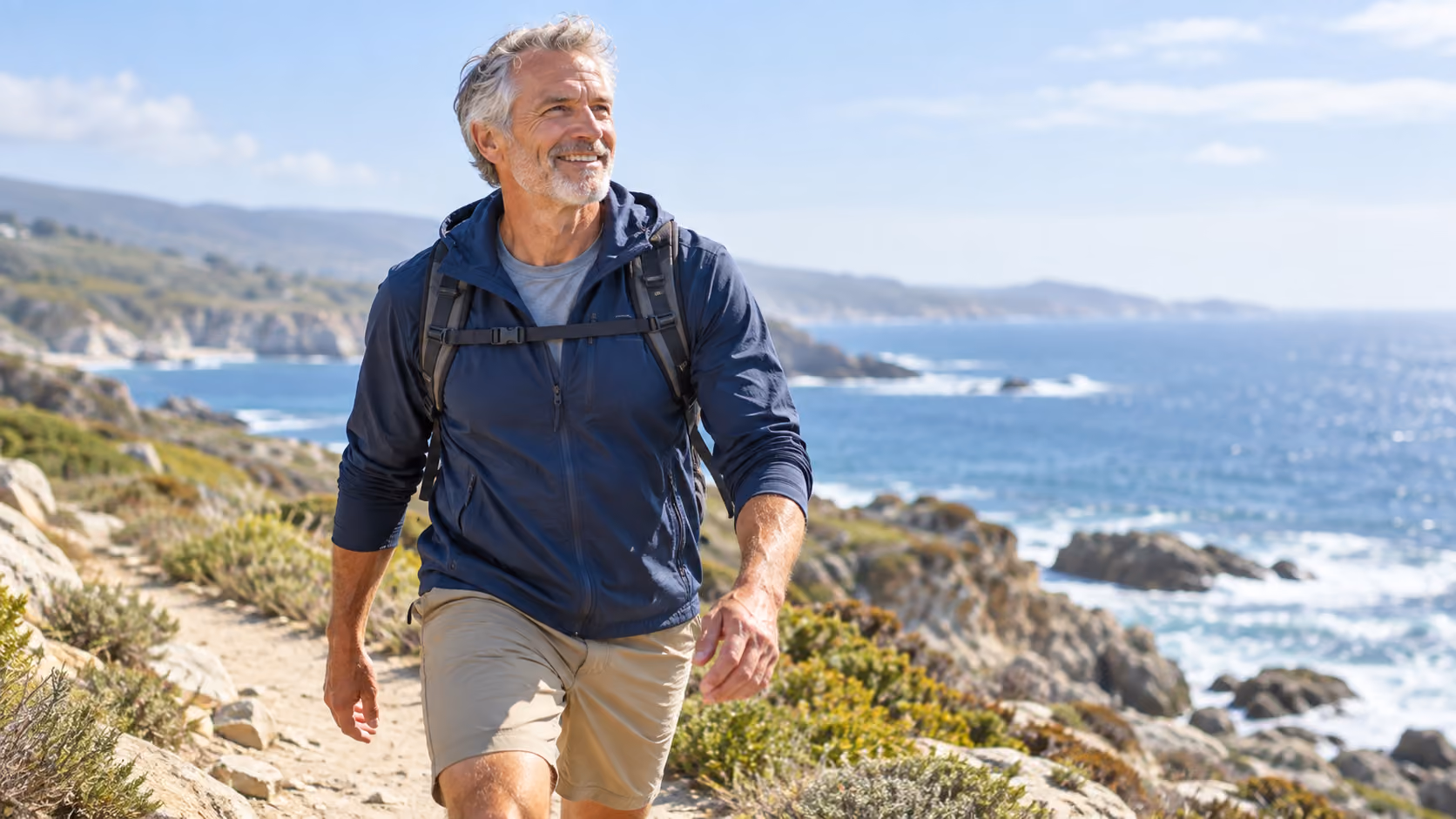 Older man hiking on a sunny coastal trail.