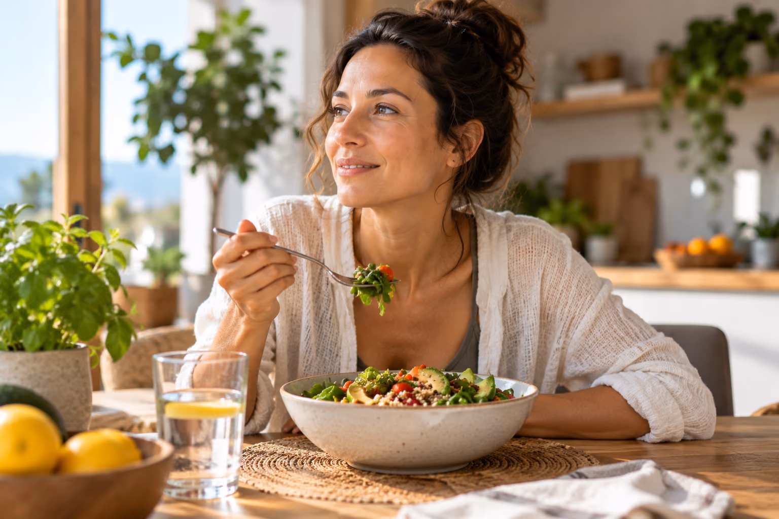 Woman enjoying a fresh salad at a sunlit dining table.