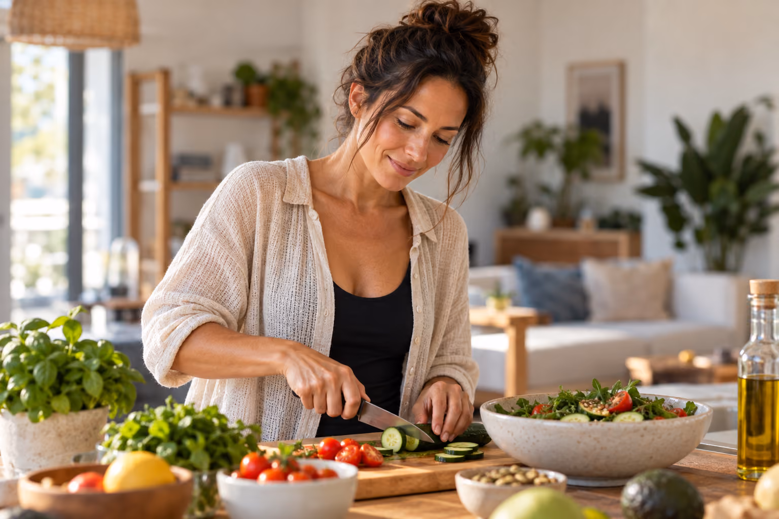 Woman preparing a salad in a bright home kitchen.
