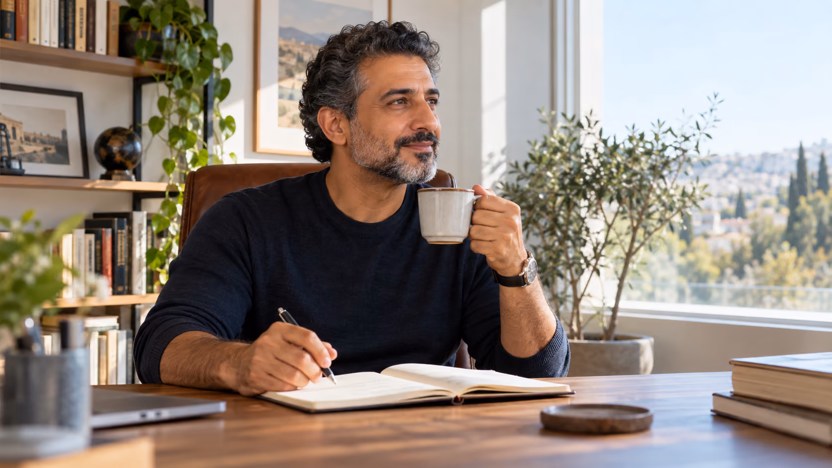 Man writing in a notebook while having coffee at home.