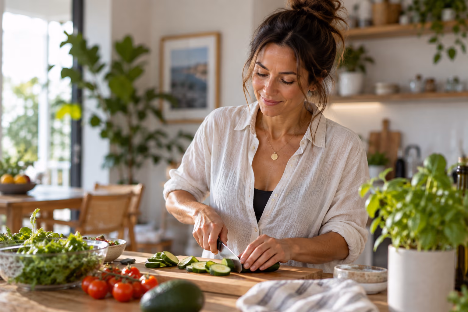 Woman preparing fresh vegetables in a bright kitchen.