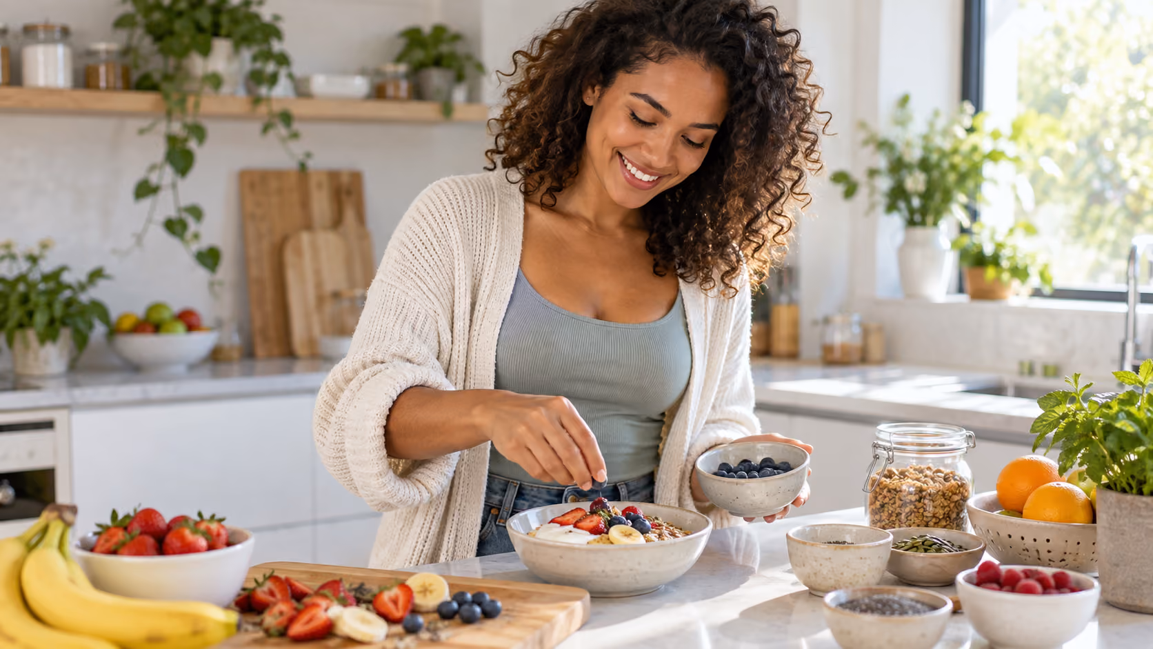 Woman preparing a healthy breakfast in a bright kitchen.