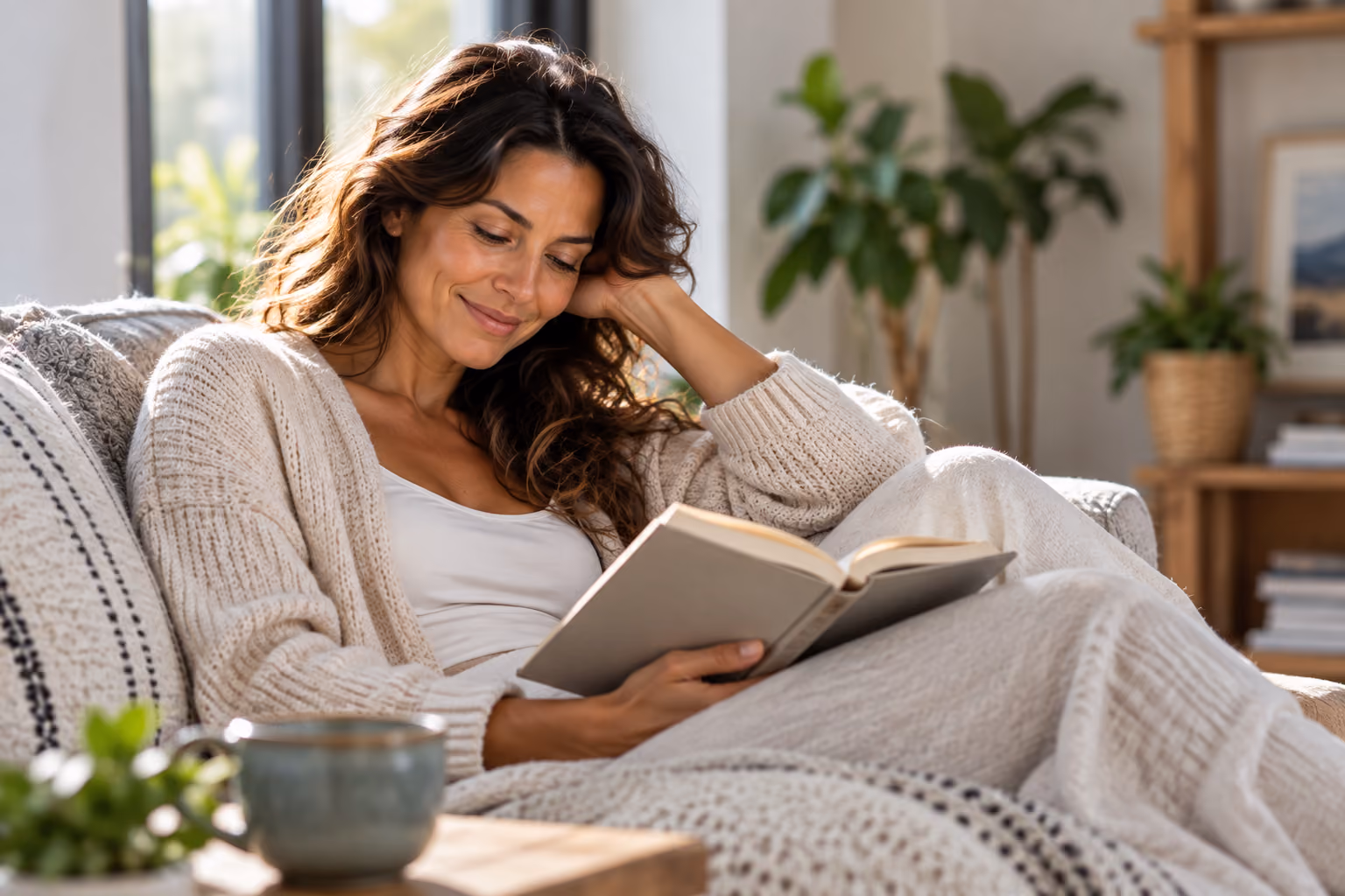 Woman reading a book on a bright sofa.