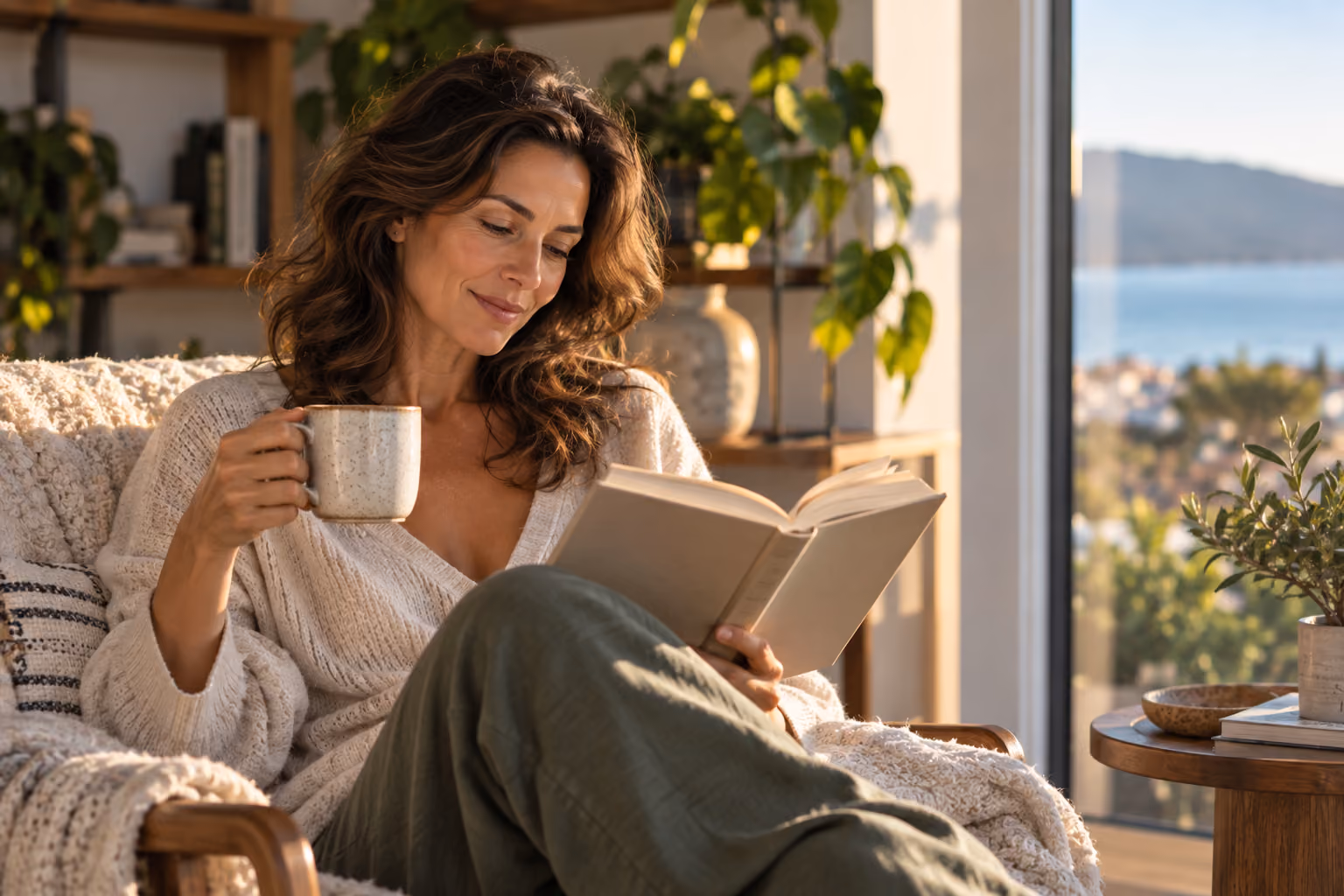 Woman reading with a mug beside a large window.