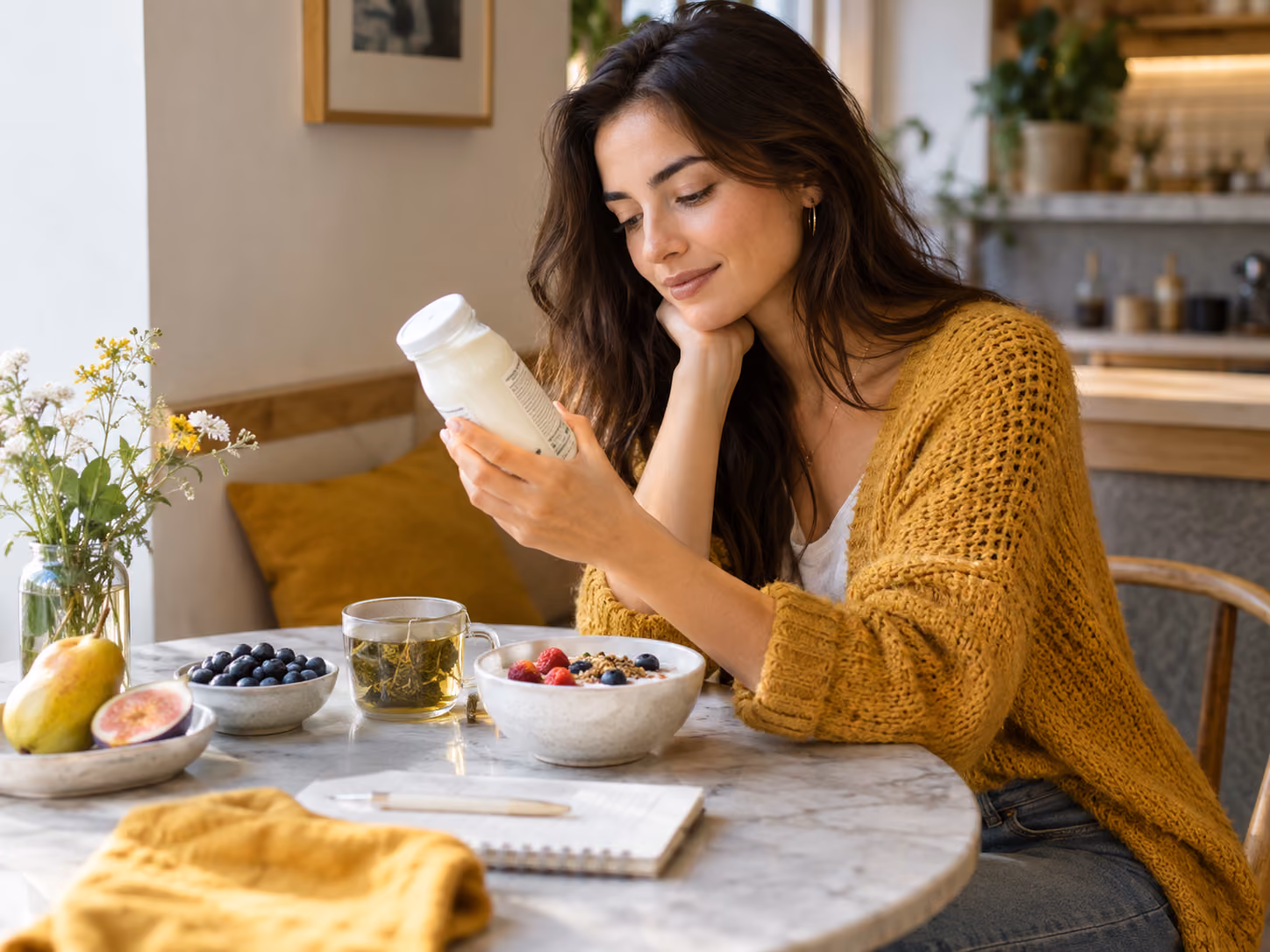 Woman reading a fermented food label during breakfast