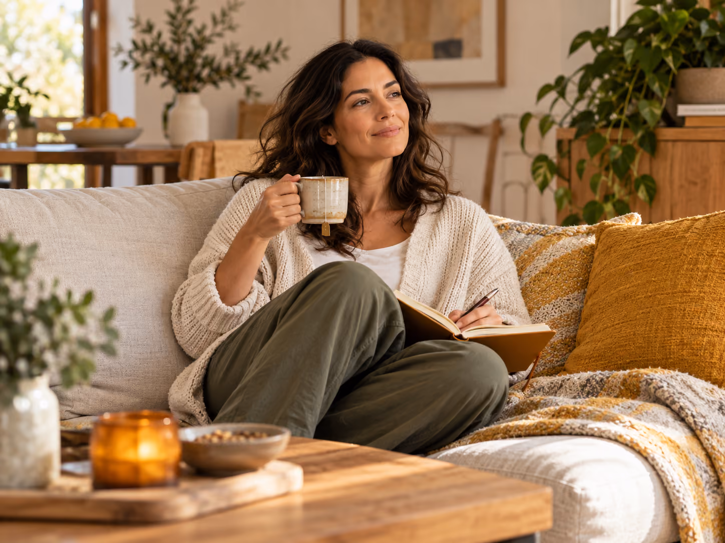 Woman relaxing with tea and a journal in a calm living room