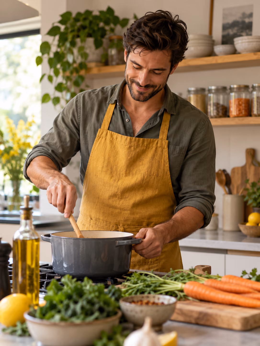 Man cooking a vegetable-rich meal in a bright home kitchen