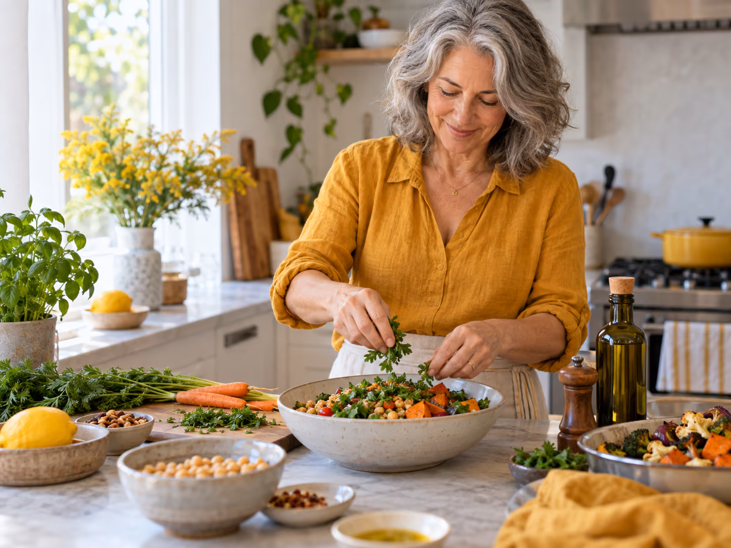 Woman preparing a colorful plant-rich meal with vegetables and legumes