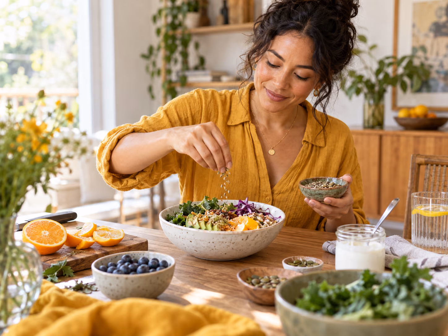 Woman preparing a colorful gut-friendly bowl with seeds and vegetables