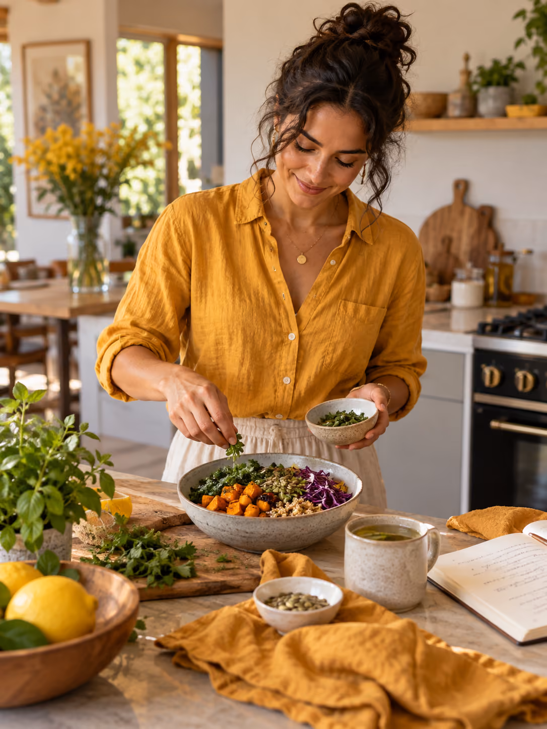 Woman preparing a balanced plant-rich meal in a sunlit kitchen
