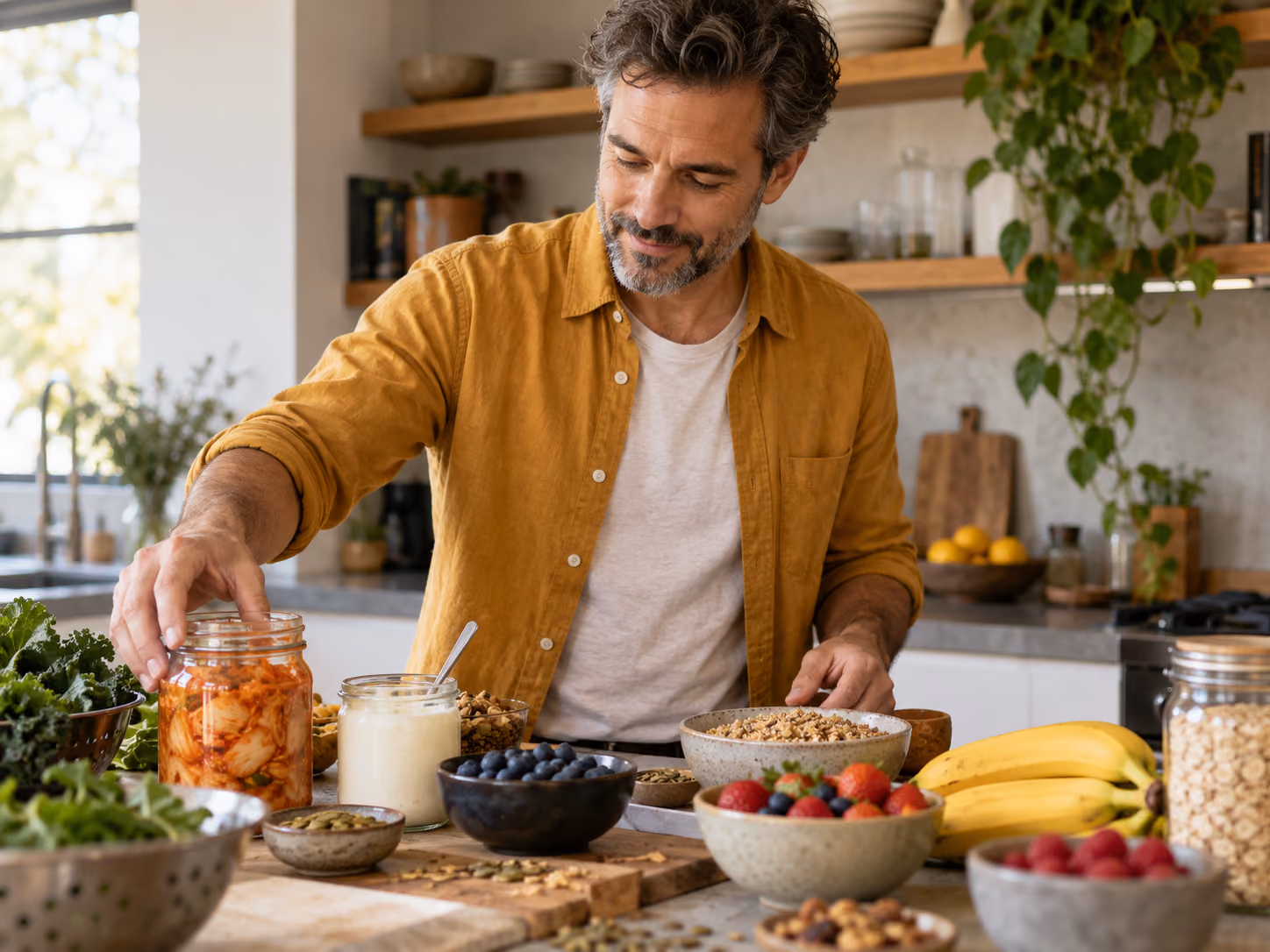 Man preparing a gut-friendly meal with fermented foods and fresh produce