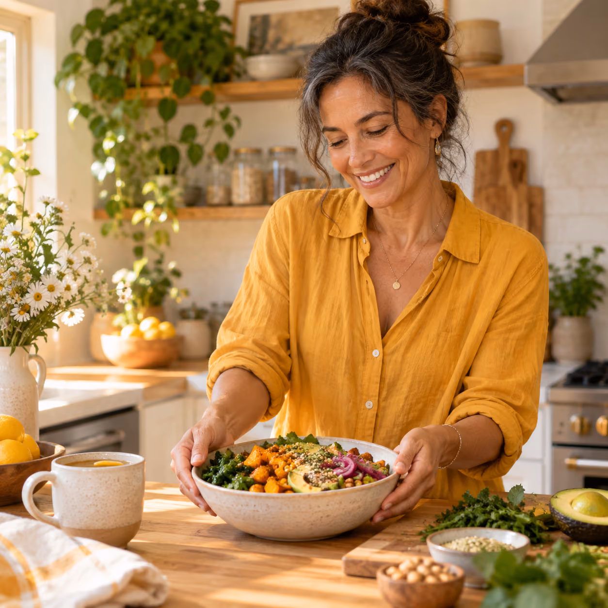 Woman holding a colorful plant-rich bowl in a bright kitchen