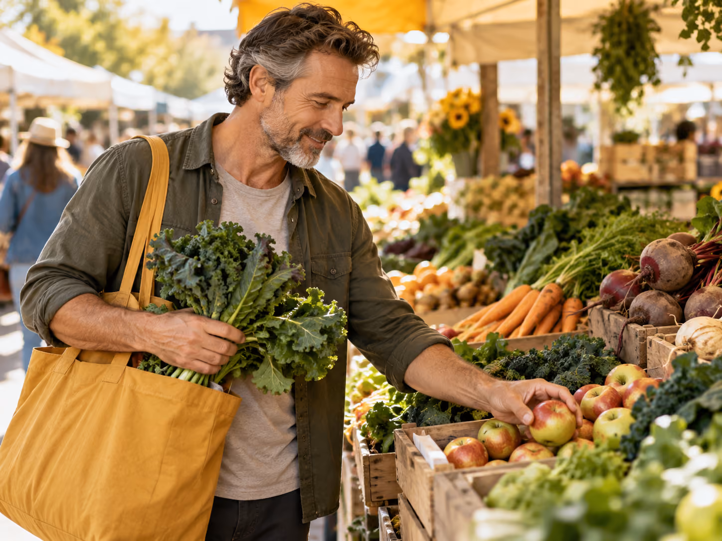 Man shopping for fresh vegetables at a local produce market