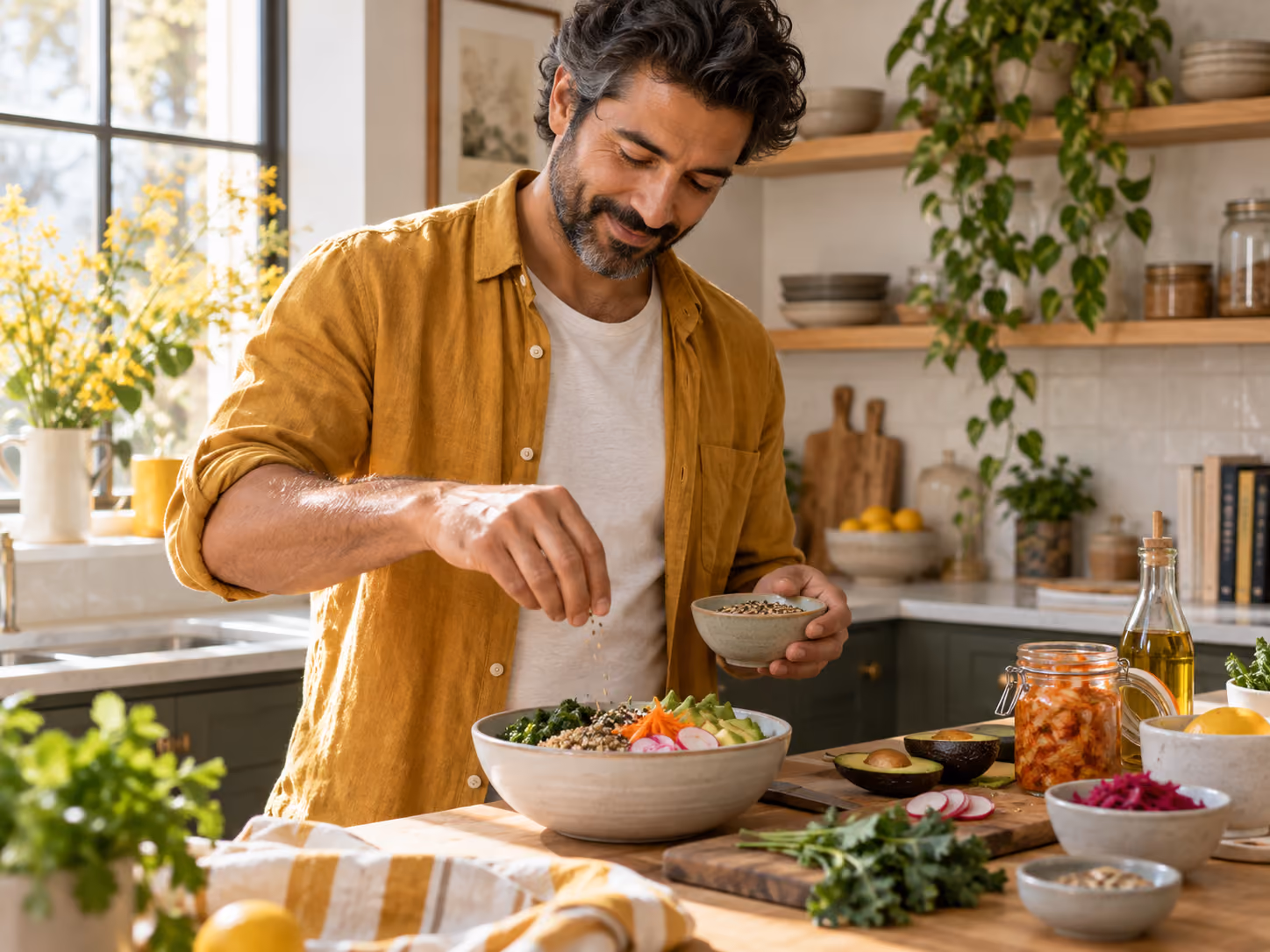 Man preparing a plant-rich meal with fermented vegetables at home