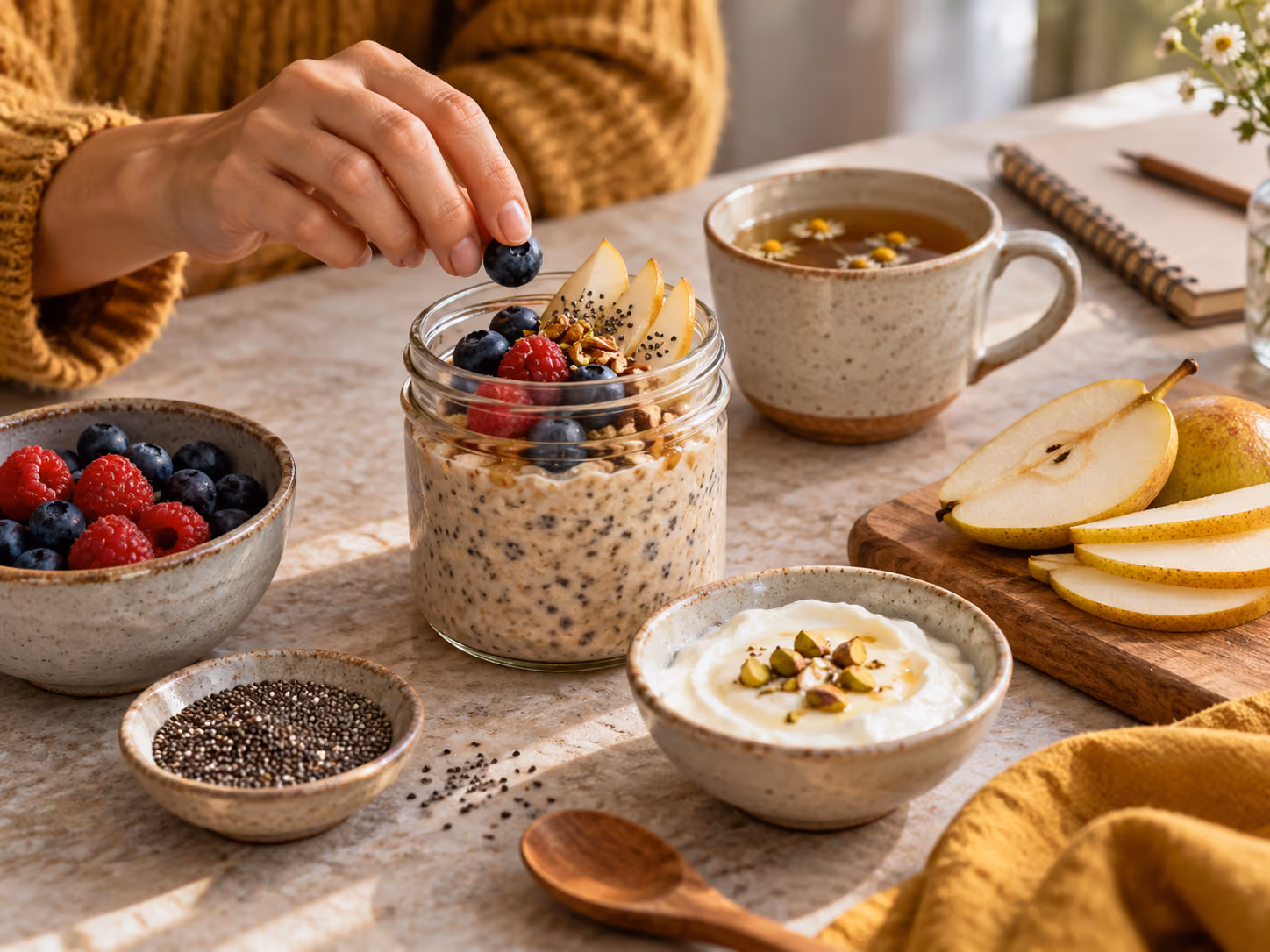 Overnight oats with berries, seeds and yogurt on a breakfast table
