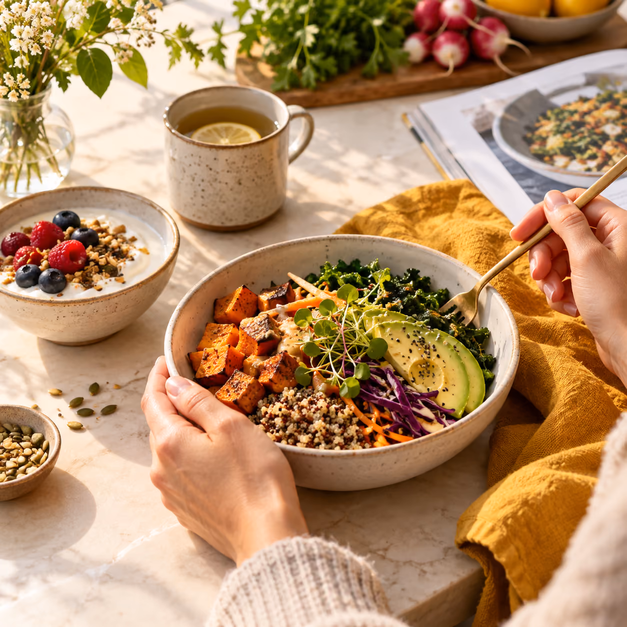 Fiber-rich bowl with vegetables, whole grains, seeds and avocado