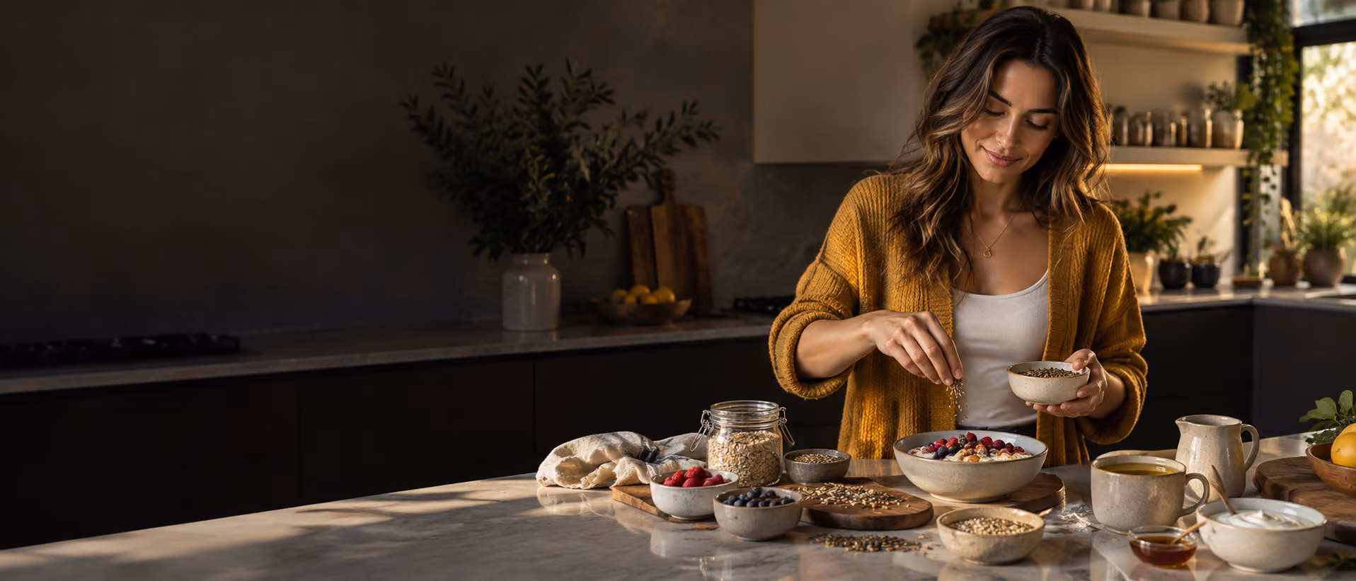 Woman preparing a fiber-rich breakfast in a warm home kitchen