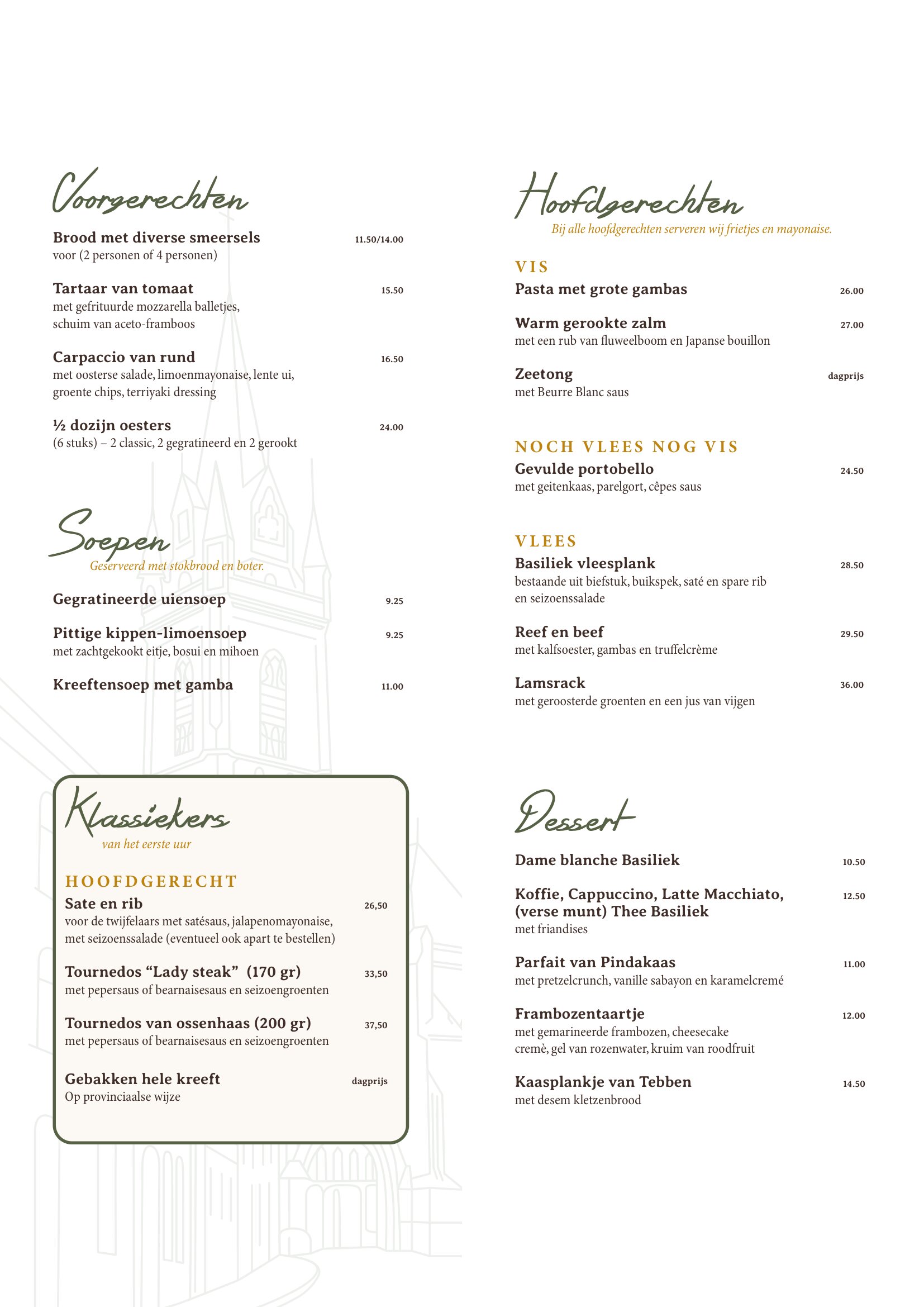 Dinerkaart Brasserie Basiliek, pagina 2