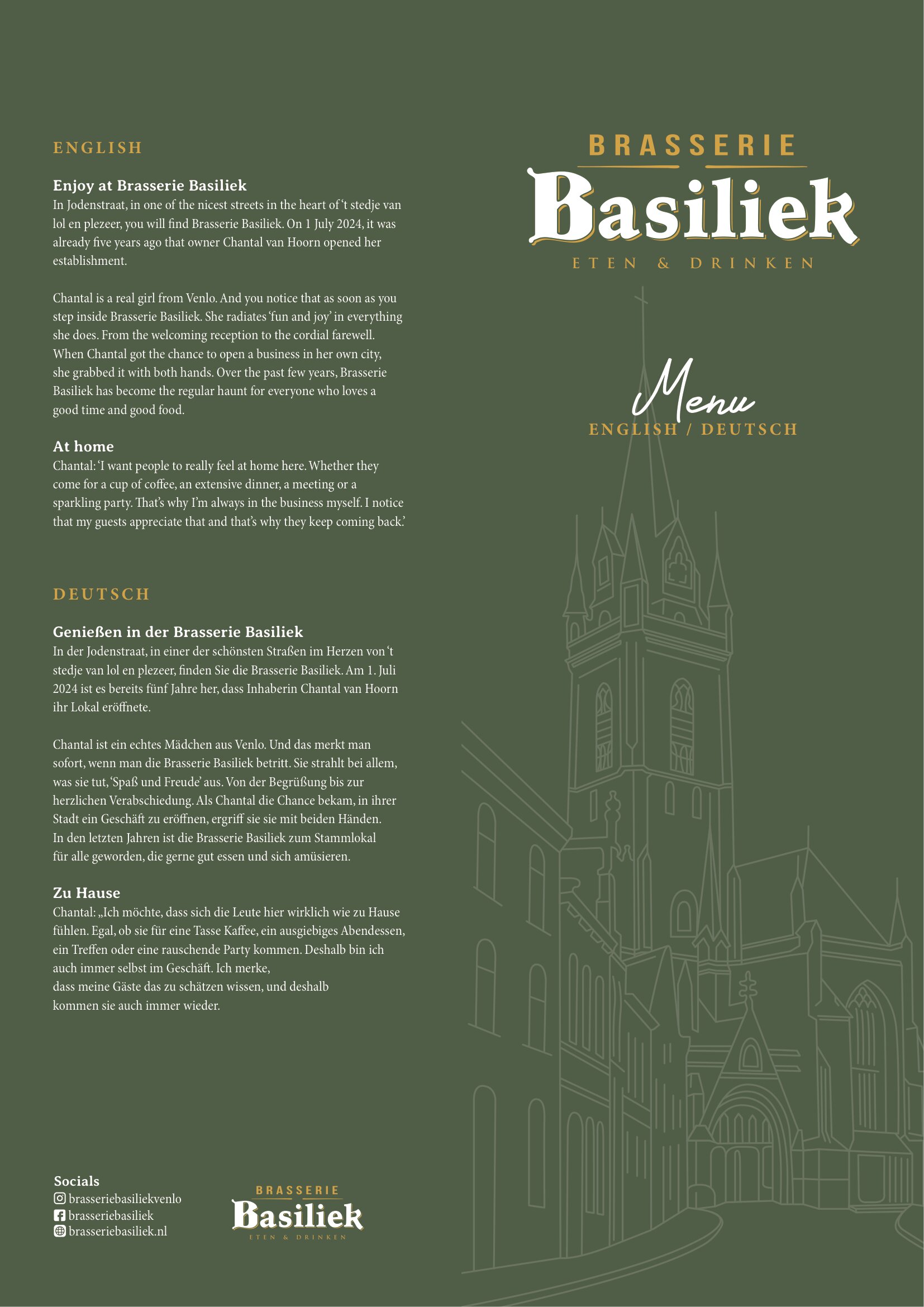 Dinner menu Brasserie Basiliek in English and German, page 1