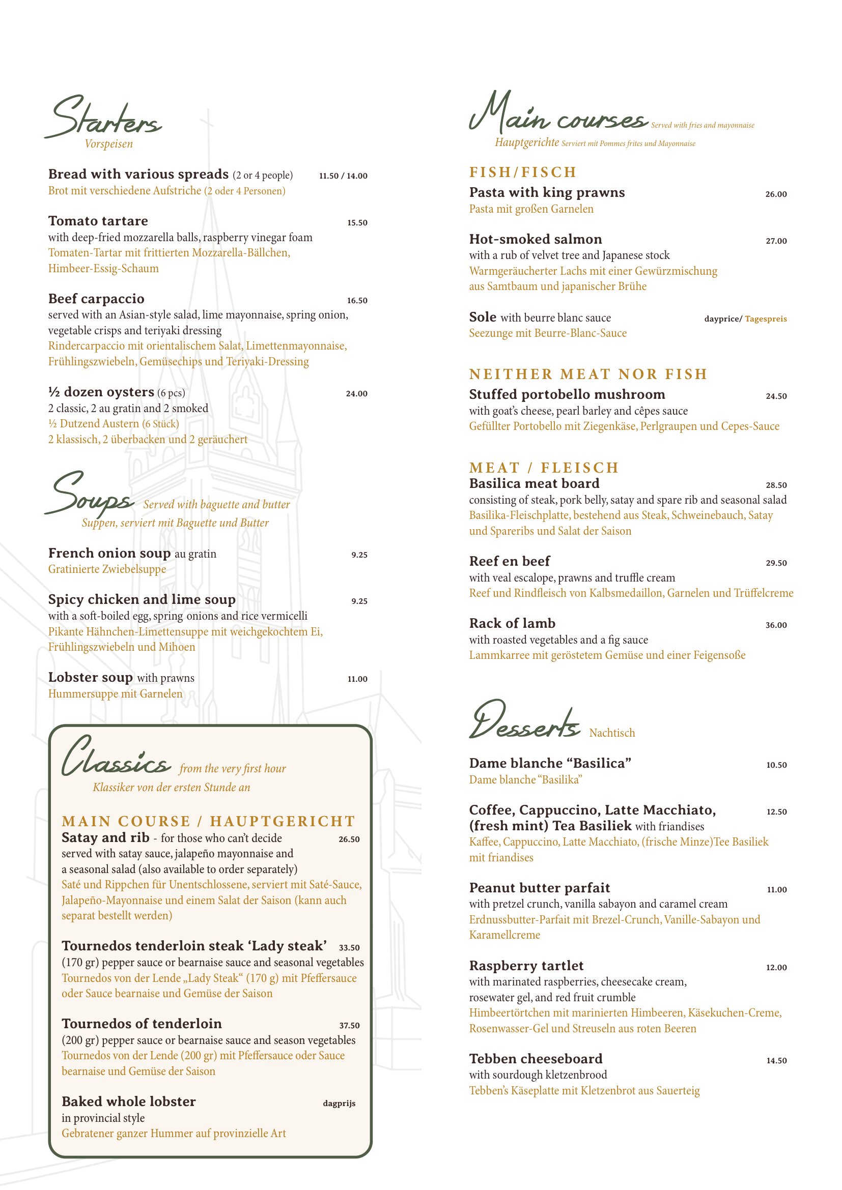 Dinner menu Brasserie Basiliek in English and German, page 2