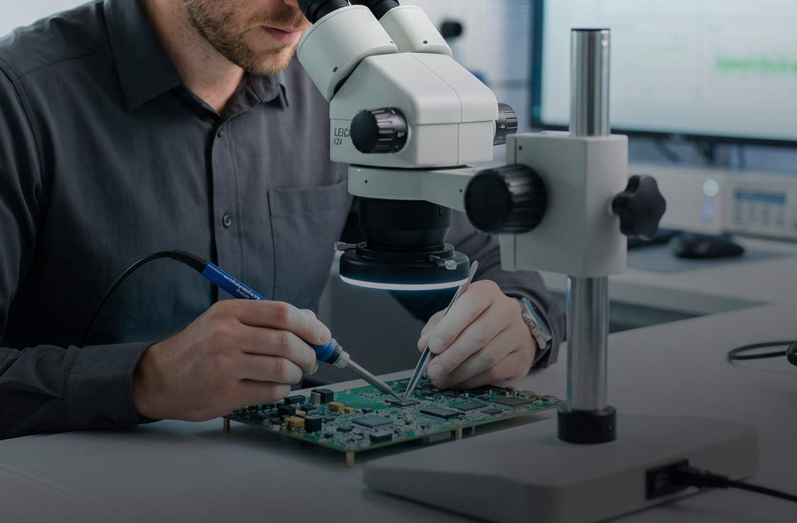 Ingenieur prüft Elektronik unter dem Mikroskop
