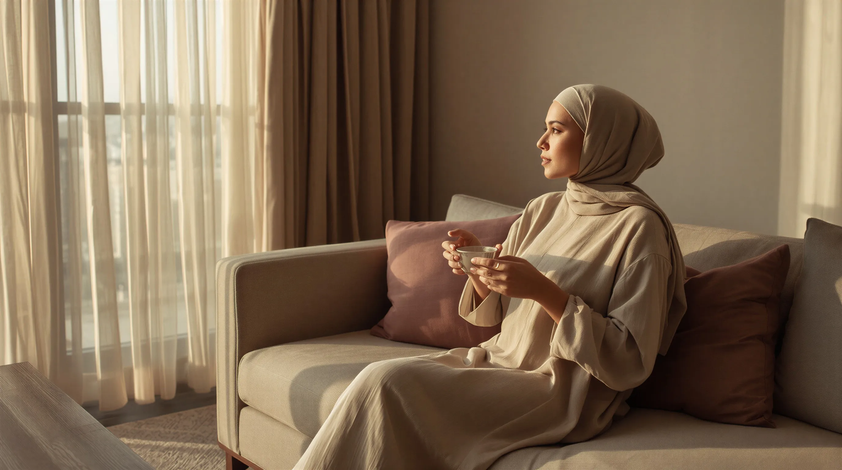 امرأة ترتدي الحجاب تشرب الشاي في بيتها بعد الظهر