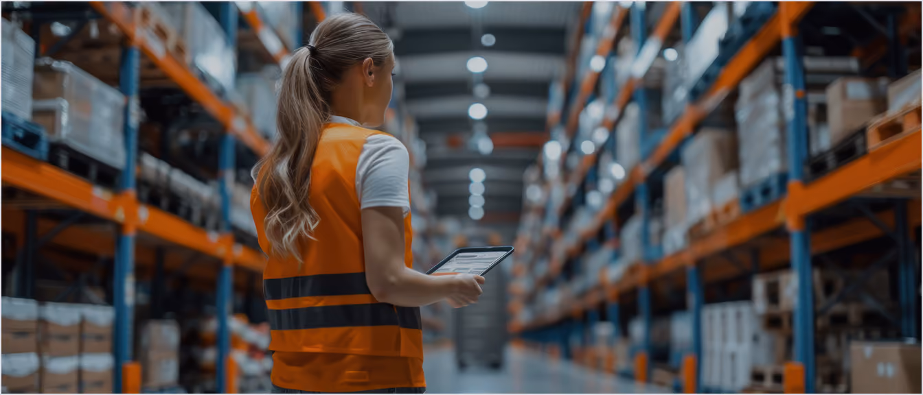 Warehouse worker in a safety vest using a tablet between tall storage racks