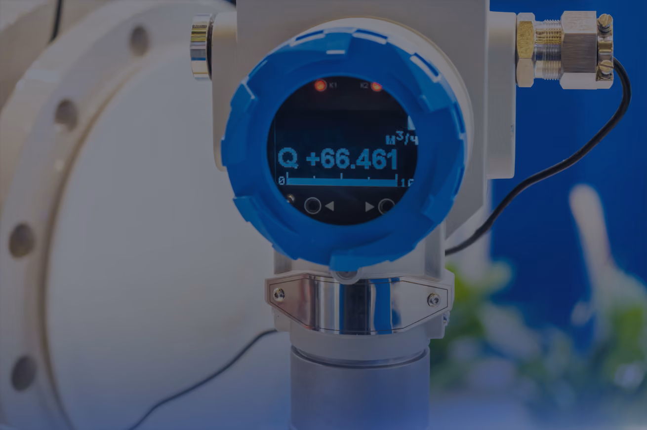 Industrial flow meter with a digital display showing a live flow reading