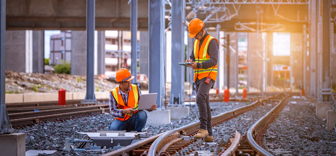 Rail engineers in hard hats and safety vests testing equipment on railway tracks