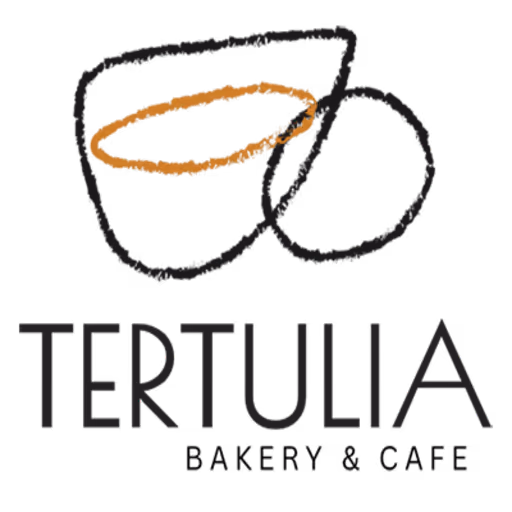 Minimalist logo with an abstract coffee cup and a round object, above the word 'TERTULIA' in stylized letters.