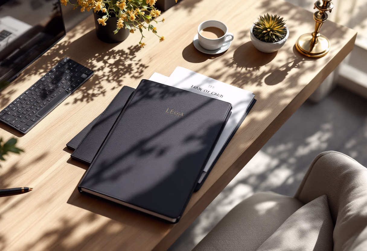 a work desk with a laptop and documents (for an ai legal tech company)