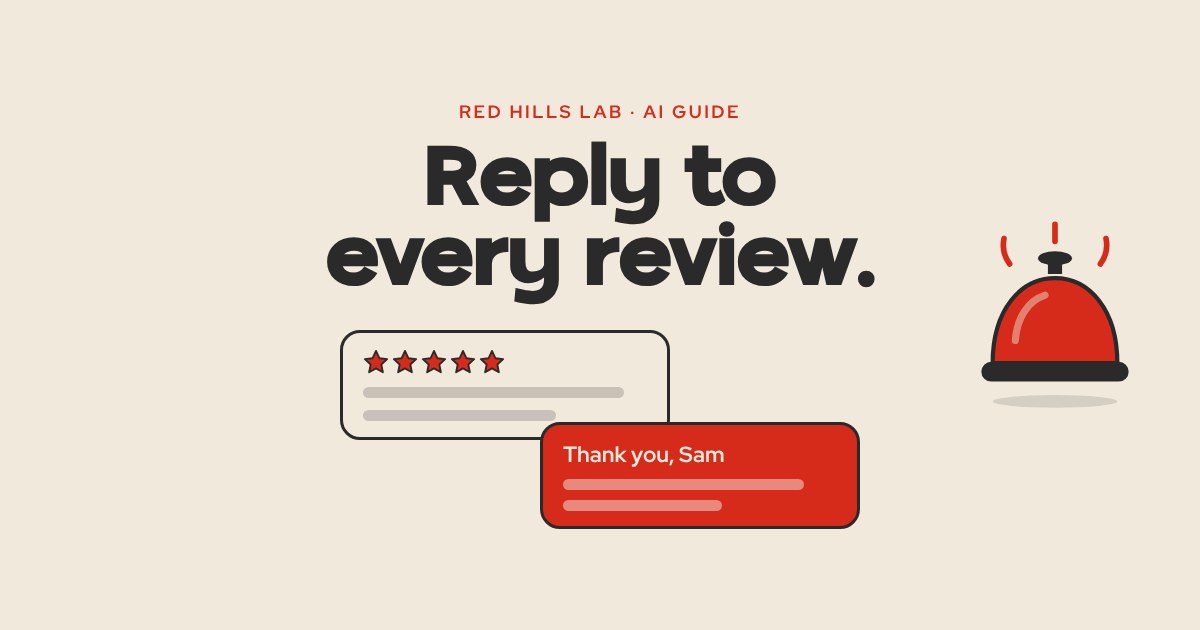 Reply to every review: a five-star review card, a reply that starts "Thank you, Sam" and a service bell.