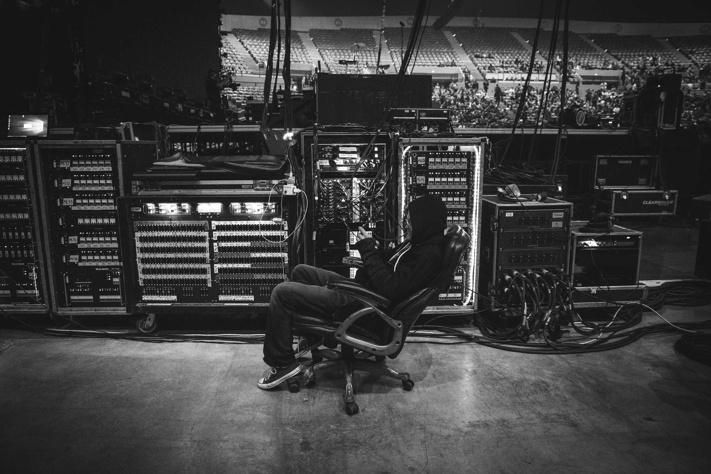Audio gear backstage at an arena