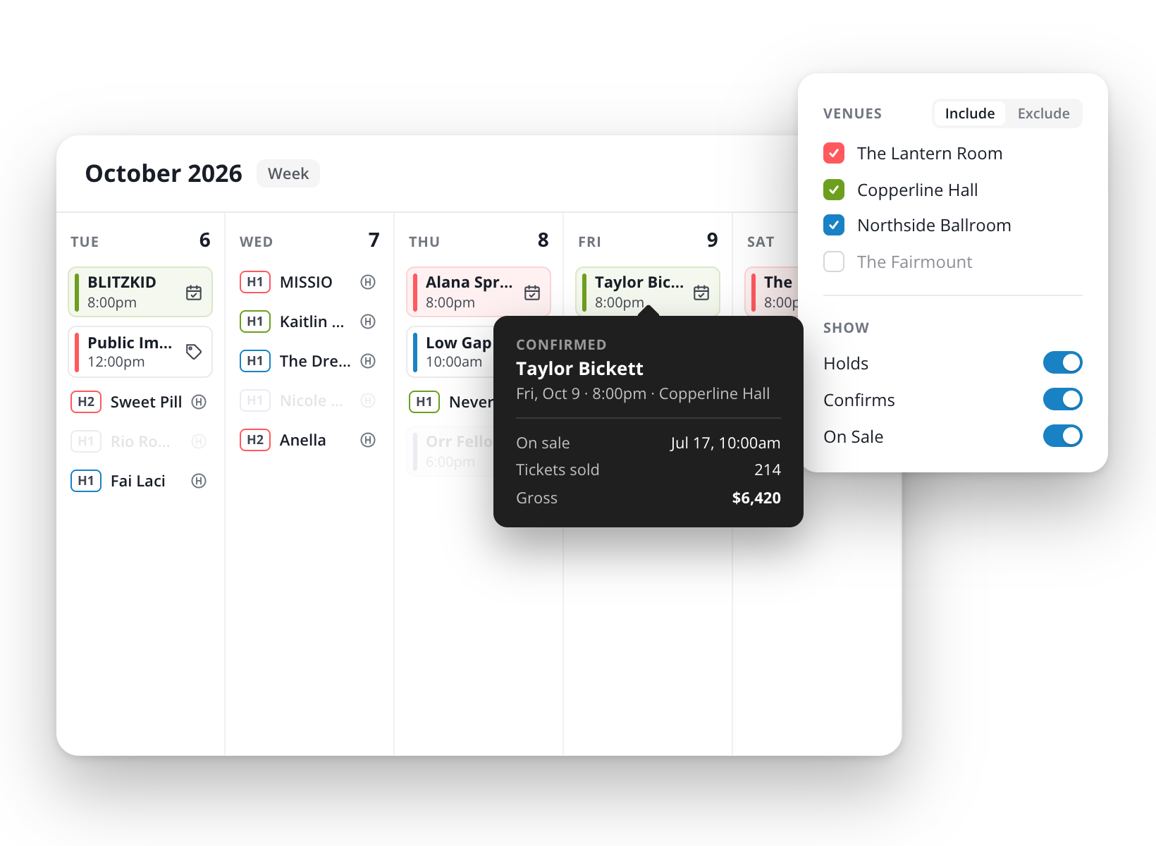Opendate's booking calendar, with holds, confirms and on-sales filtered by venue and a confirmed show showing tickets sold and gross.