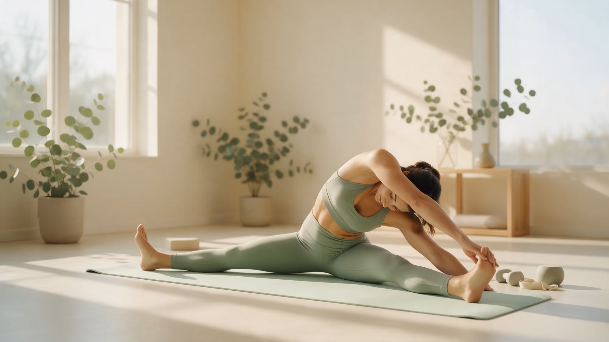 Athlete stretching in a sunlit studio