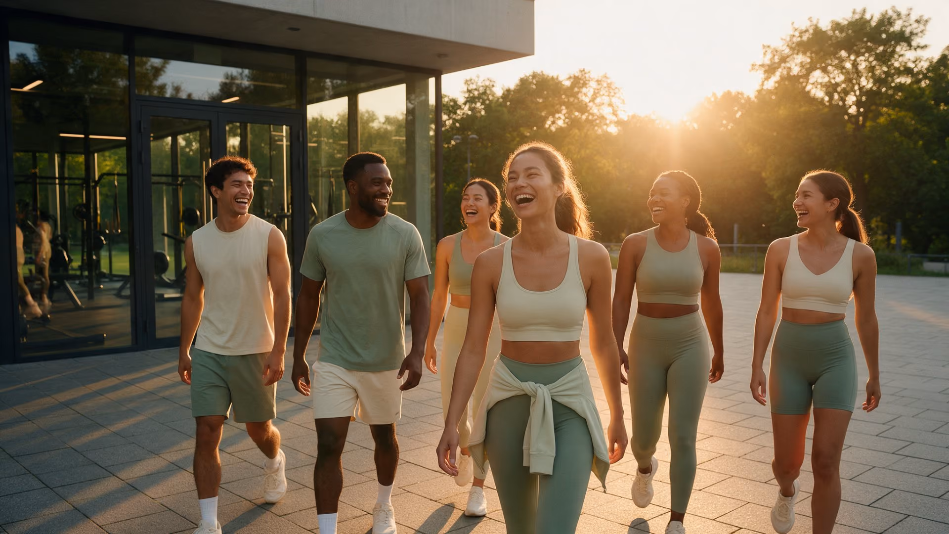 Members leaving the studio at golden hour