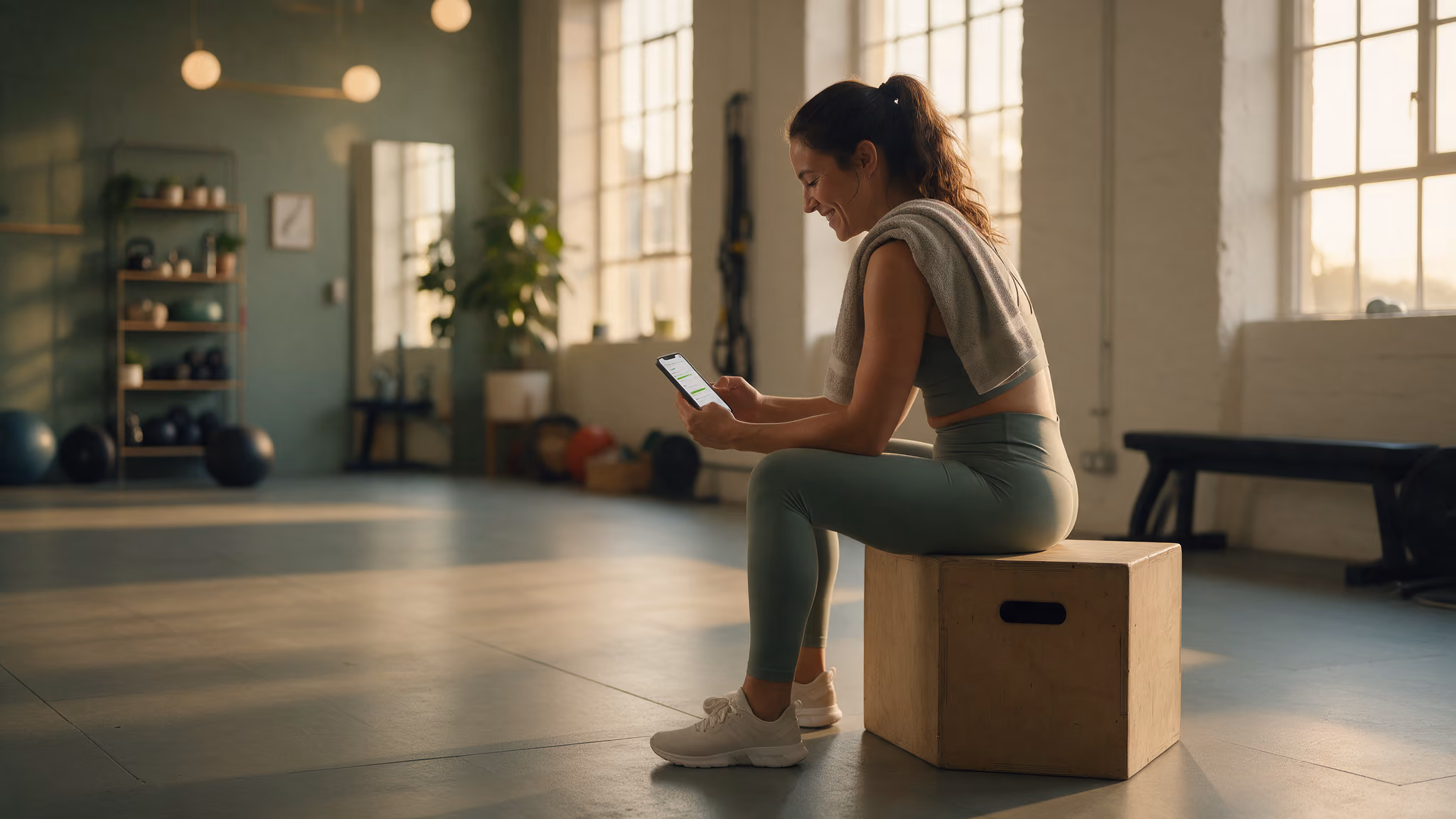 Member checking her plan on her phone after a workout