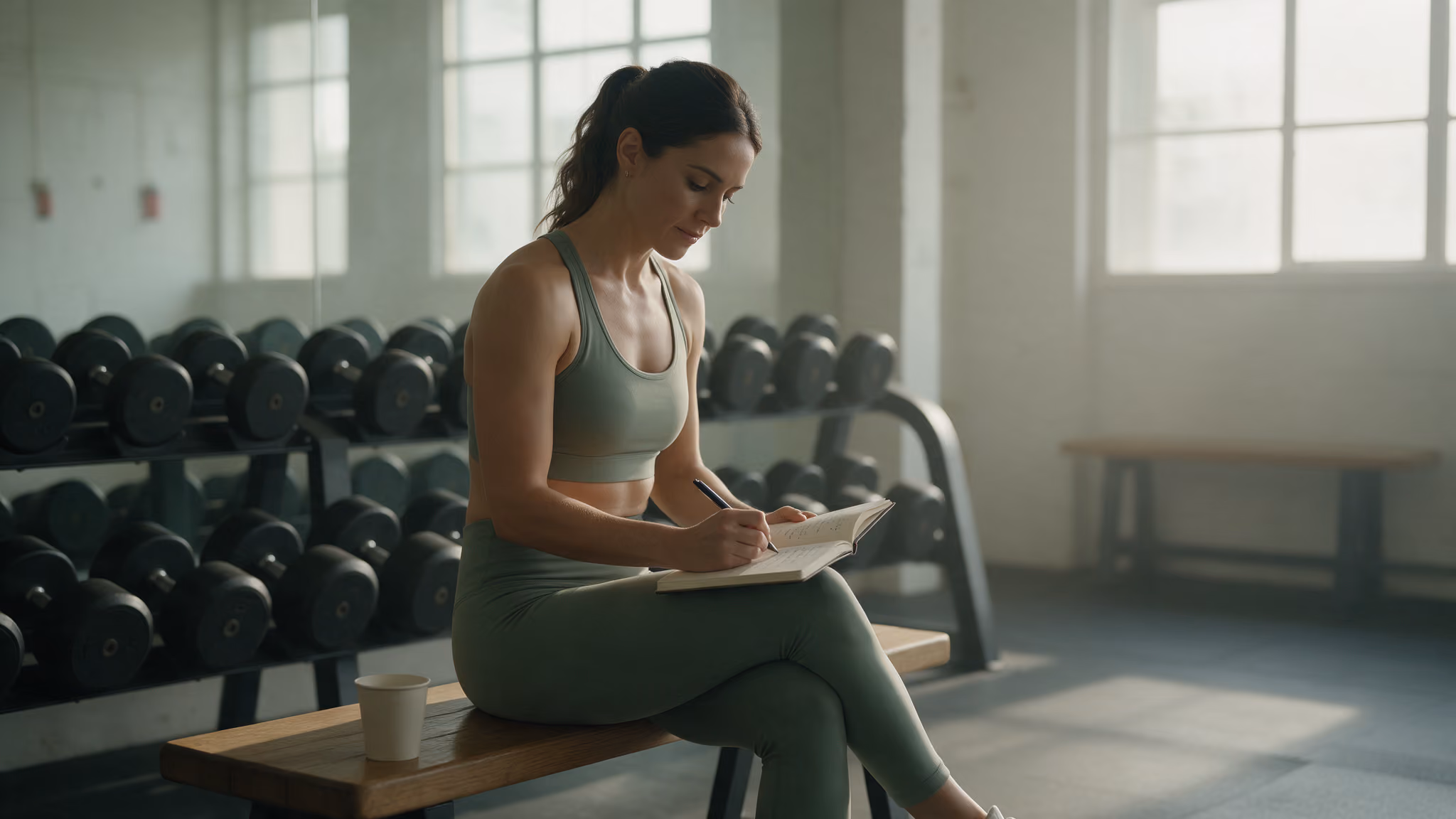 Coach writing training notes on a studio bench at dawn