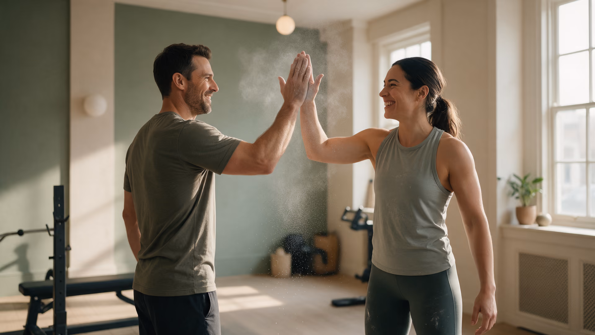 Coach and member high-fiving after a hard set