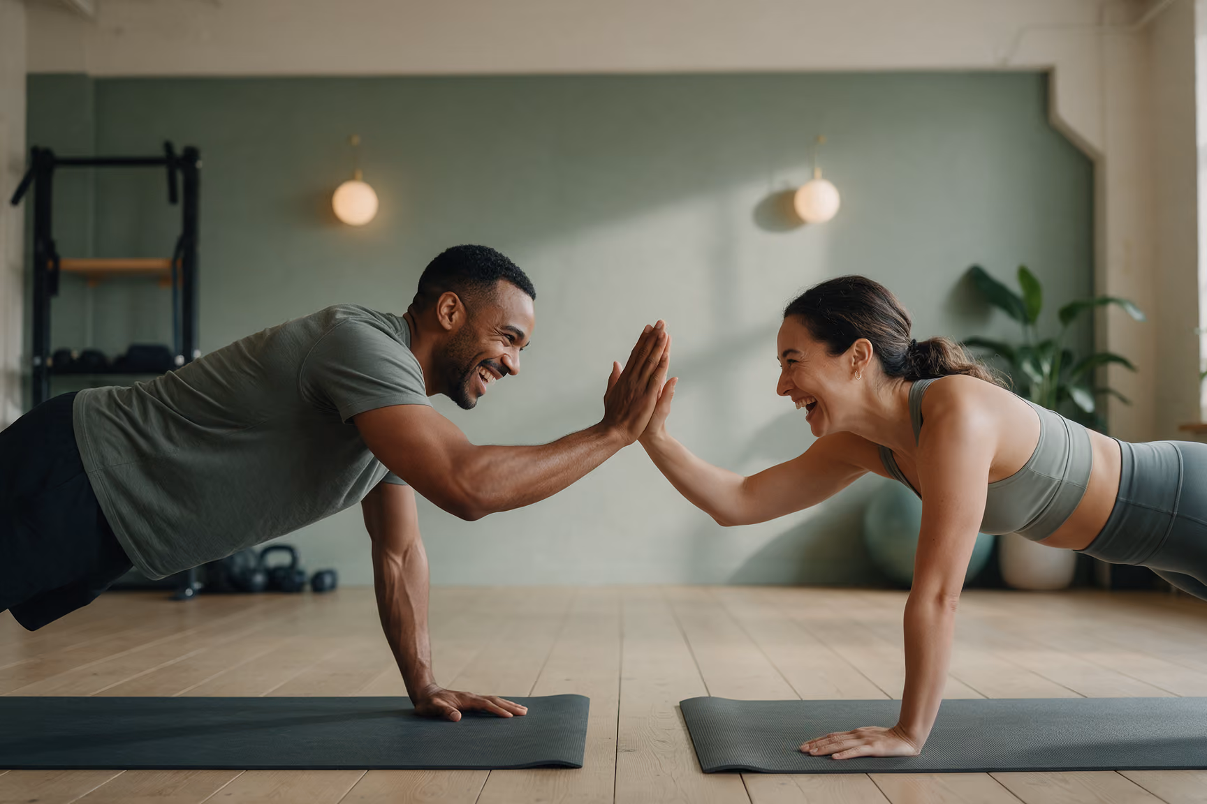 Two members high-fiving mid plank