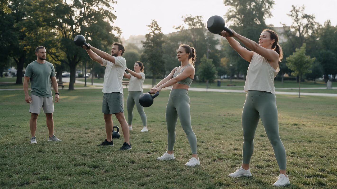 Outdoor small-group kettlebell session in a park at golden hour