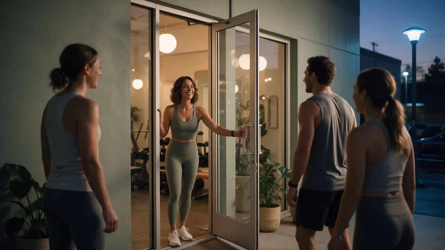Studio owner welcoming the first members at dawn